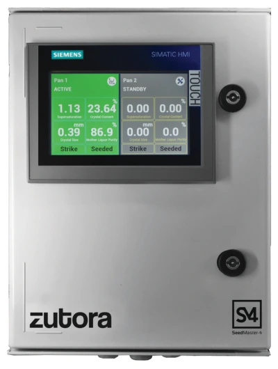 Zutora SeedMaster-4 Device Face. Square metal body with an LCD touch screen to control parameters for sugar crystallisation.